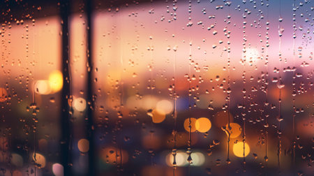 Rain drops on the window with blurred cityscape background at twilight timeの素材