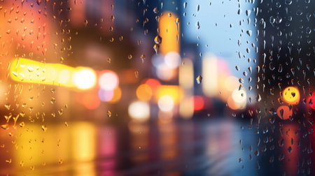 Rain drops on the glass with blurred background of the city at nightの素材
