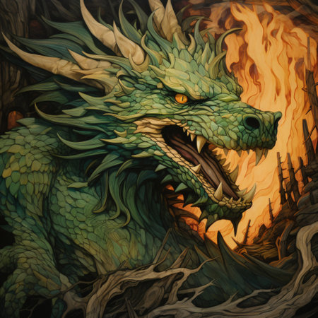 Dragon head on fire background. Fantasy dragon head. Digital painting.の素材