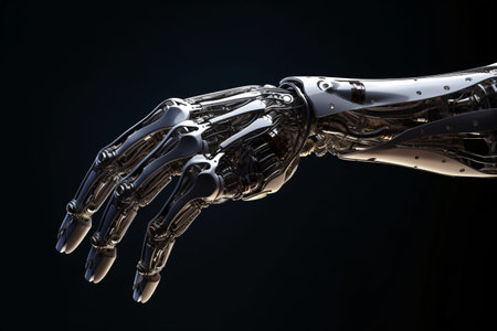 Robot hand on black background. 3D rendering. Futuristic technology concept.の素材