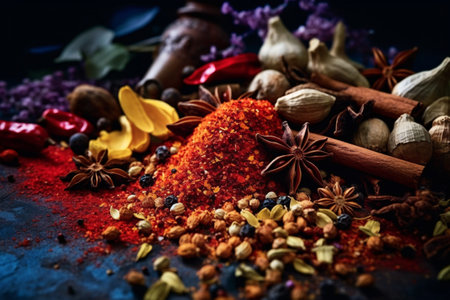 Spices and herbs on wooden background. Food and cuisine ingredients.の素材