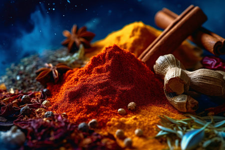Spices and herbs on dark background. Food and cuisine ingredients.の素材