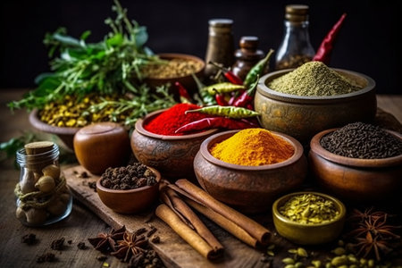 Spices and herbs on wooden background. Food and cuisine ingredients.の素材