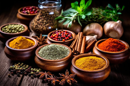 Spices and herbs in wooden bowls. Food and cuisine ingredients.の素材