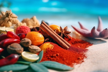 Spices and herbs on sand with sea background. Selective focus.の素材