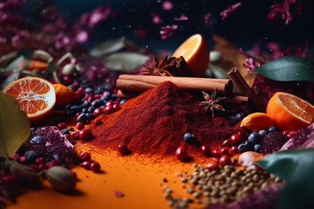 spices and herbs on a black background, close-up.の素材