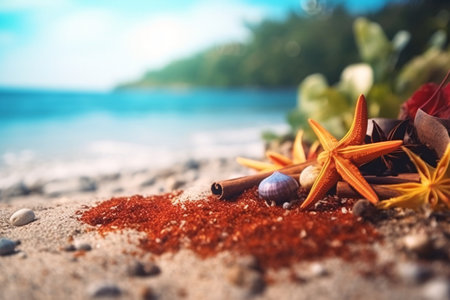 Spa still life with starfishes, seashells and sea salt on sandの素材
