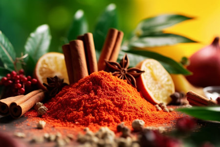 Spices and herbs on wooden table, closeup. Food ingredientsの素材