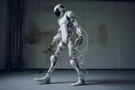 3D rendering of a male robot with a cable on his bodyの素材