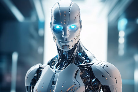 3d rendering robot or cyborg in front of a blue backgroundの素材