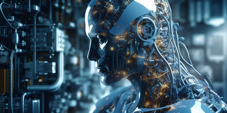Cyborg man. Cyborg head. Cybernetic organism. Mechanical robot. Future technologies. Artificial intelligence.の素材