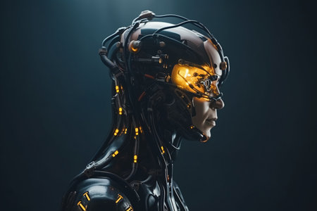 Cyborg man. Cyborg head. Cybernetic organism. Mechanical robot. Future technologies. Artificial intelligence.の素材