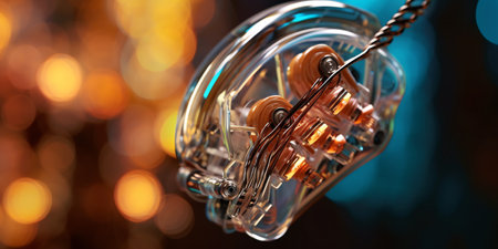 Digital futuristic hearing aid. Cybernetic ear. Hearing prosthesis. Cyber ââtechnology, Biotechnological device.の素材