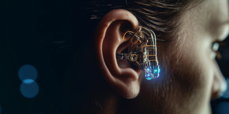Digital futuristic hearing aid. Cybernetic ear. Hearing prosthesis. Cyber ââtechnology, Biotechnological device.の素材