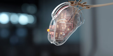 Digital futuristic hearing aid. Cybernetic ear. Hearing prosthesis. Cyber ââtechnology, Biotechnological device.の素材