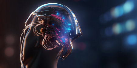 Digital futuristic hearing aid. Cybernetic ear. Hearing prosthesis. Cyber ââtechnology, Biotechnological device.の素材