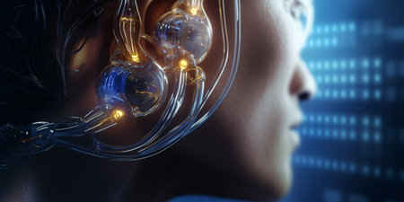 Digital futuristic hearing aid. Cybernetic ear. Hearing prosthesis. Cyber ââtechnology, Biotechnological device.の素材