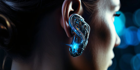 Digital futuristic hearing aid. Cybernetic ear. Hearing prosthesis. Cyber ââtechnology, Biotechnological device.の素材