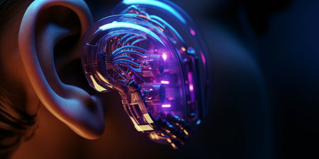 Digital futuristic hearing aid. Cybernetic ear. Hearing prosthesis. Cyber ââtechnology, Biotechnological device.の素材