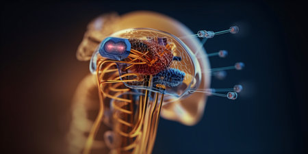 Digital futuristic hearing aid. Cybernetic ear. Hearing prosthesis. Cyber ââtechnology, Biotechnological device.の素材