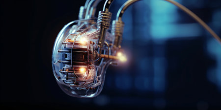 Digital futuristic hearing aid. Cybernetic ear. Hearing prosthesis. Cyber ââtechnology, Biotechnological device.の素材