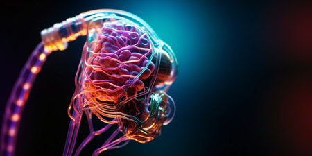 Digital futuristic hearing aid. Cybernetic ear. Hearing prosthesis. Cyber ââtechnology, Biotechnological device.の素材