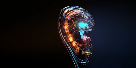 Digital futuristic hearing aid. Cybernetic ear. Hearing prosthesis. Cyber ââtechnology, Biotechnological device.の素材