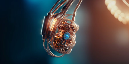 Digital futuristic hearing aid. Cybernetic ear. Hearing prosthesis. Cyber ââtechnology, Biotechnological device.の素材