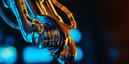 Digital futuristic hearing aid. Cybernetic ear. Hearing prosthesis. Cyber ââtechnology, Biotechnological device.の素材