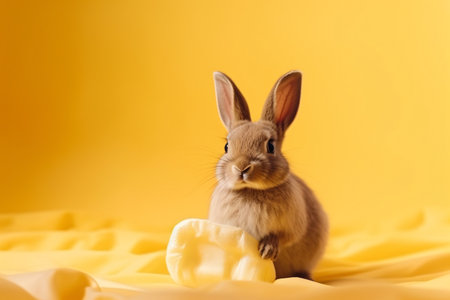 Cute little bunny with egg on yellow background. Easter holiday conceptの素材