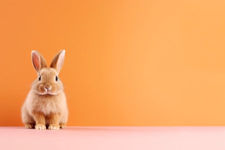 Cute little rabbit on orange background. Easter concept. Copy space.の素材