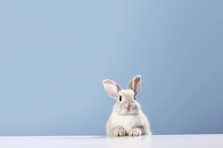 Cute little rabbit sitting on white table against blue background with copy spaceの素材