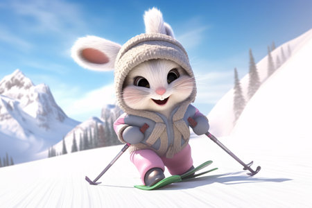 Cute bunny skiing in the mountains. 3d illustration. Cartoon character.の素材