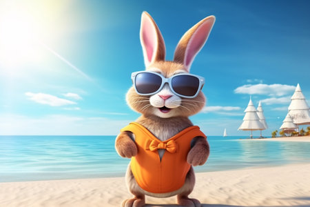 3d rendering of a cute rabbit wearing an orange swimsuit on the beachの素材
