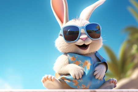 Cute bunny with sunglasses sitting on the beach. Easter concept.の素材