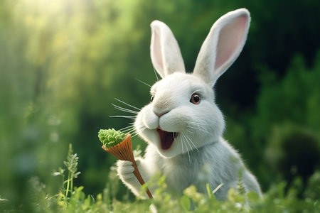 Cute little bunny with carrot on green grass outdoors. Easter celebrationの素材