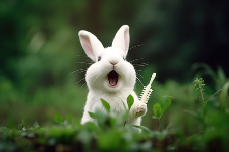Cute white rabbit with a toothbrush in the green grass.の素材