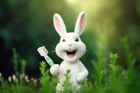 Easter bunny with toothbrush on green grass background. Easter concept.の素材