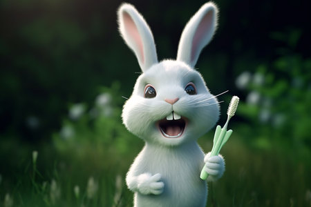 Easter bunny with a toothbrush in the grass. 3d renderingの素材