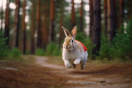Rabbit running on the road in the forest. Bunny in a red jacket.の素材