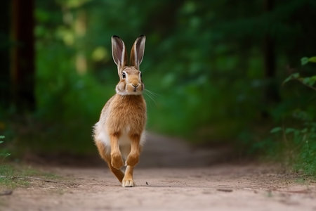 Cute brown hare running on the road in the forest.の素材