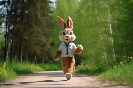 Easter bunny running on the road in the forest. Happy Easter.の素材