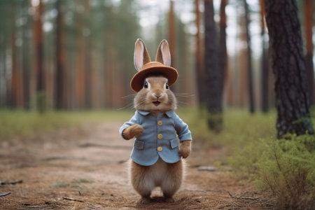 Rabbit in the forest. Rabbit in a hat and jacket.の素材