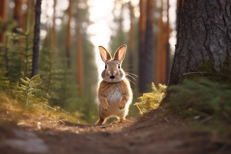 Cute rabbit running in the forest at sunset. Animal in nature.の素材