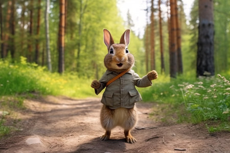 Rabbit dressed in a green jacket stands on the road in the forestの素材