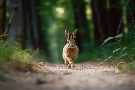 Cute brown hare running on the road in the forest.の素材