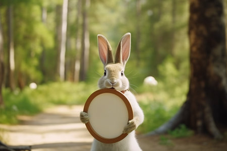 Rabbit holding a round sign in the forest. Easter concept.の素材