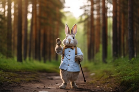 Rabbit in a jacket and bow tie on the forest path.の素材