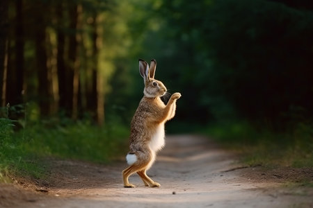 Cute wild hare walking on the road in the forest.の素材