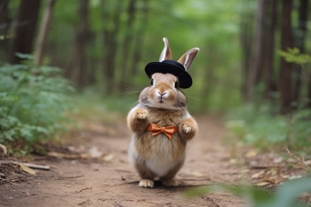 Rabbit in a black hat and orange bow tie on a forest pathの素材